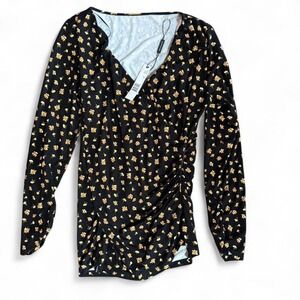 NWT Elie Tahari Black Floral Ruched Long Sleeve Top Women's Size‎ M